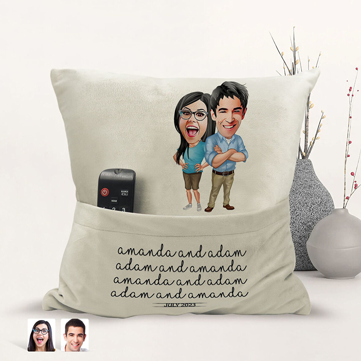 BK Gift Kişiye Özel Sevgililer Karikatür Tasarımlı Organizer Kumanda ve Atıştırmalık Cepli Sarı Kırl