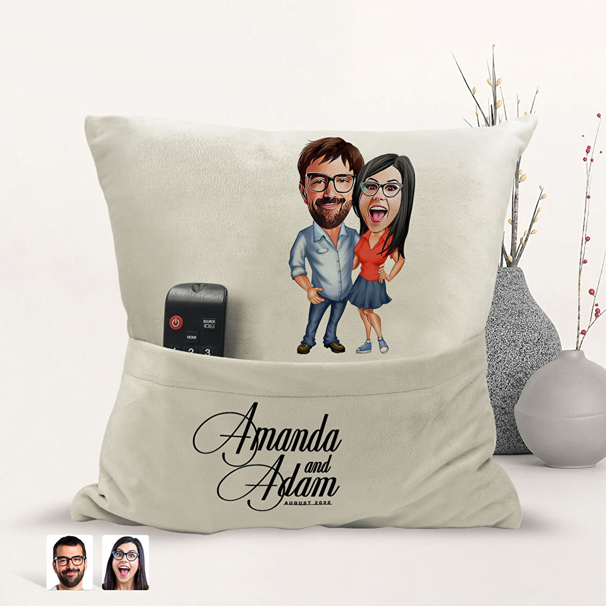 BK Gift Kişiye Özel Sevgililer Karikatür Tasarımlı Organizer Kumanda ve Atıştırmalık Cepli Sarı Kırl