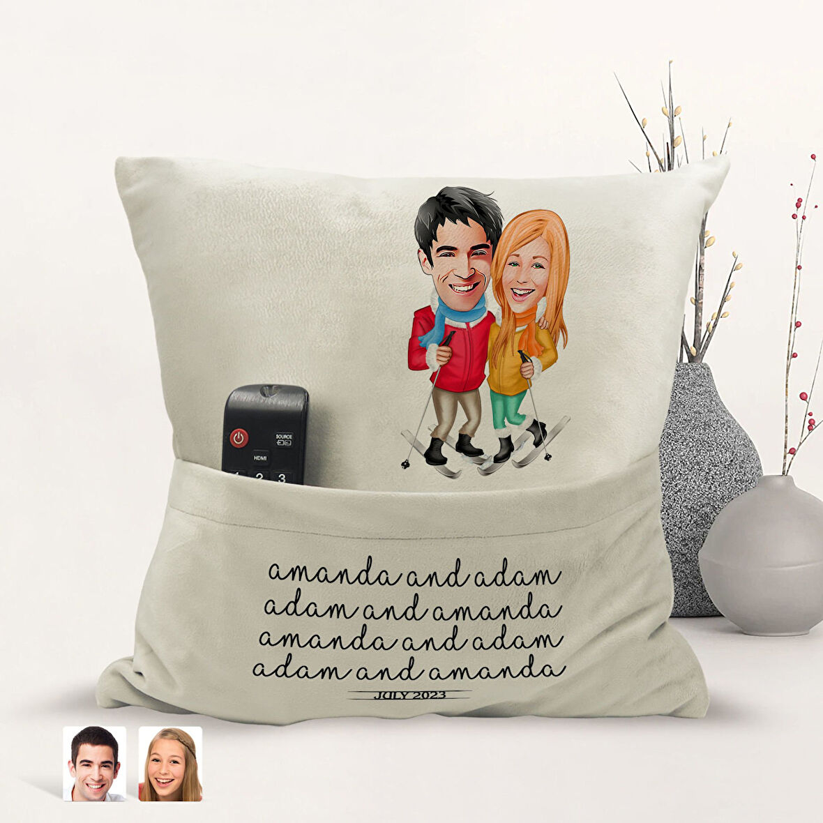 BK Gift Kişiye Özel Sevgililer Karikatür Tasarımlı Organizer Kumanda ve Atıştırmalık Cepli Sarı Kırl