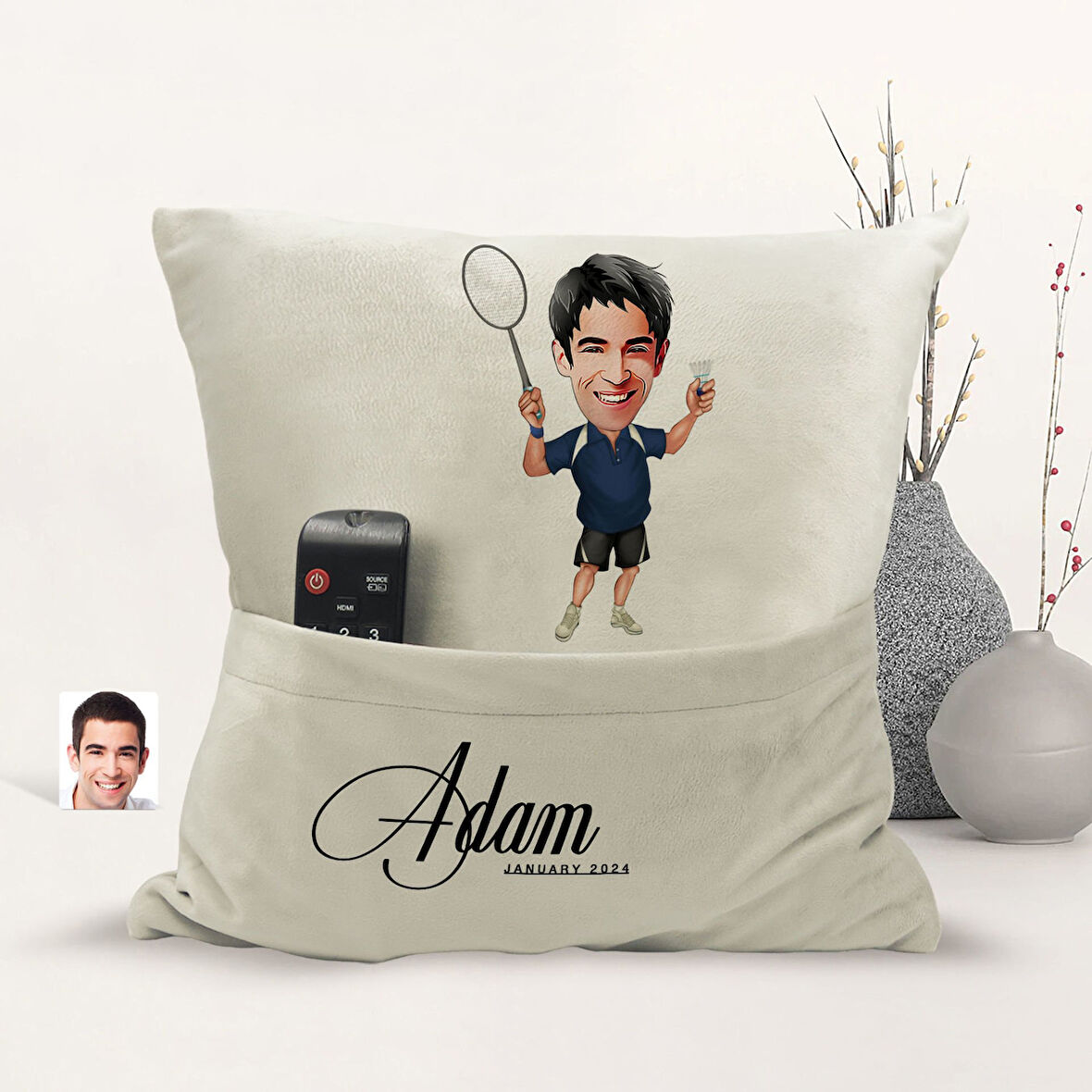 BK Gift Kişiye Özel Badminton Karikatür Tasarımlı Organizer Kumanda ve Atıştırmalık Cepli Sarı Kırle
