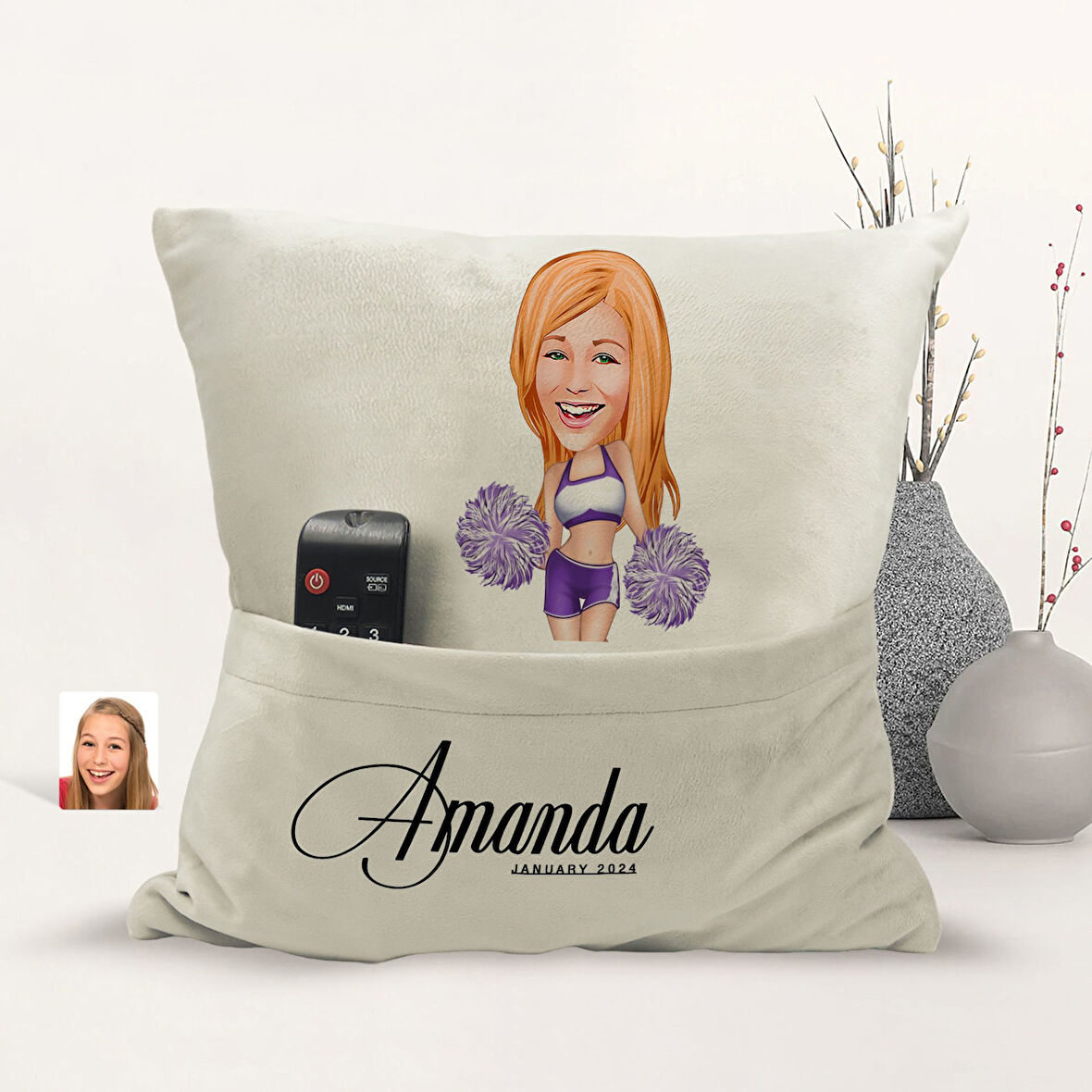 BK Gift Kişiye Özel Ponpon Kız Karikatür Tasarımlı Organizer Kumanda ve Atıştırmalık Cepli Sarı Kırl