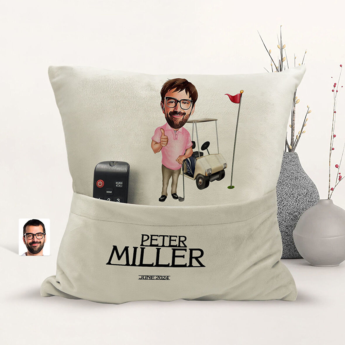 BK Gift Kişiye Özel Golf Oyuncusu Karikatür Tasarımlı Organizer Kumanda ve Atıştırmalık Cepli Sarı K