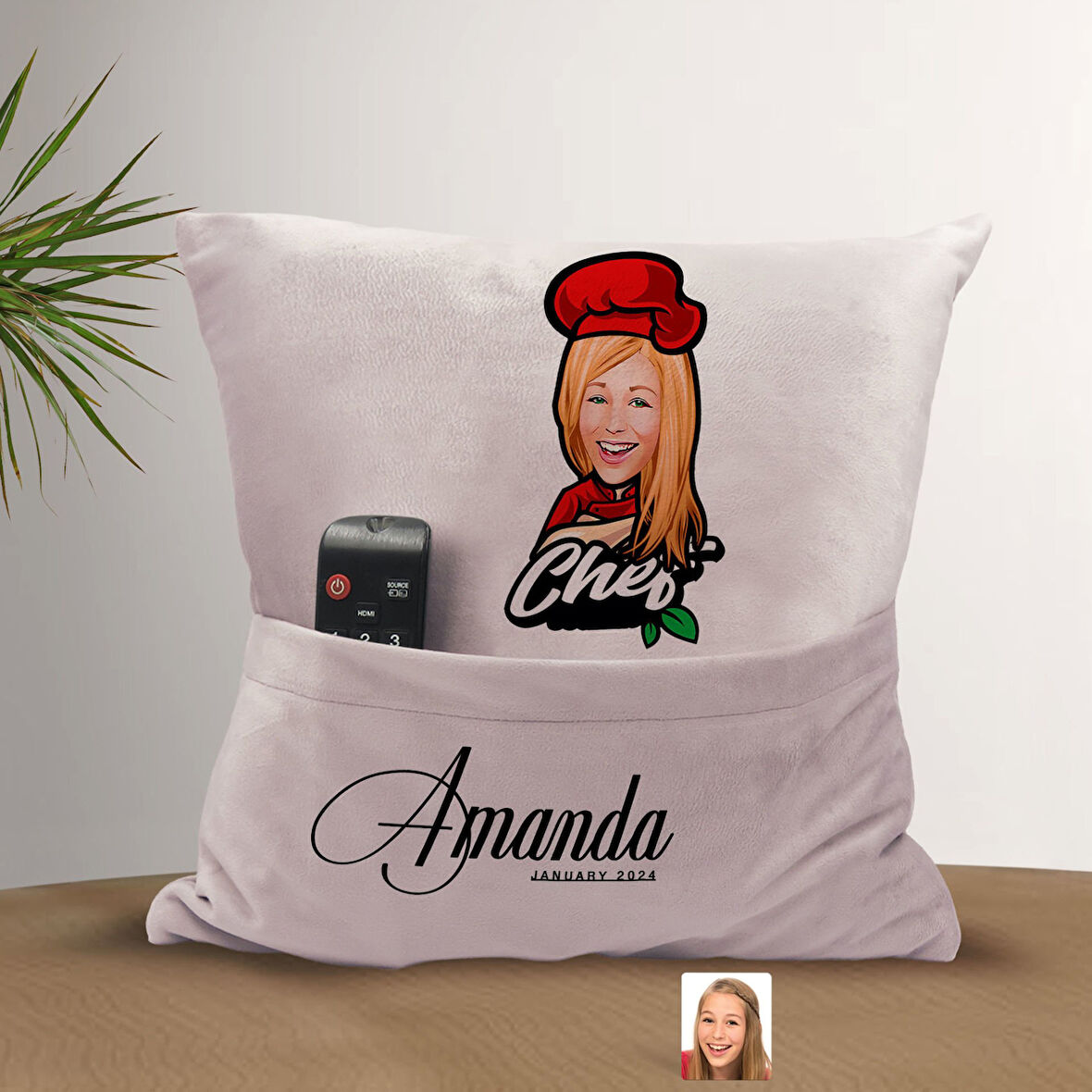 BK Gift Kişiye Özel Chef Karikatür Tasarımlı Organizer Kumanda ve Atıştırmalık Cepli Pembe Kırlent Y