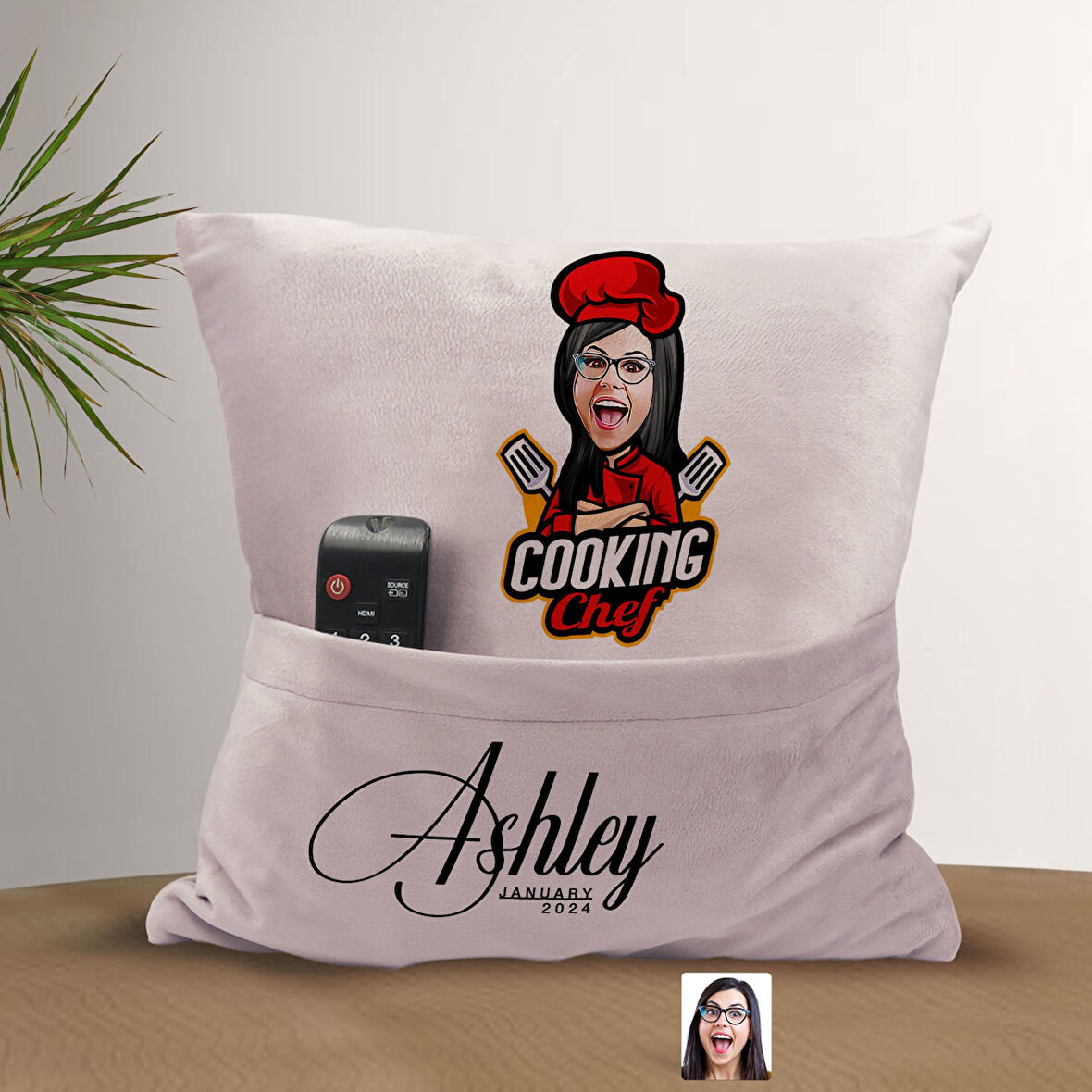 BK Gift Kişiye Özel Chef Karikatür Tasarımlı Organizer Kumanda ve Atıştırmalık Cepli Pembe Kırlent Y