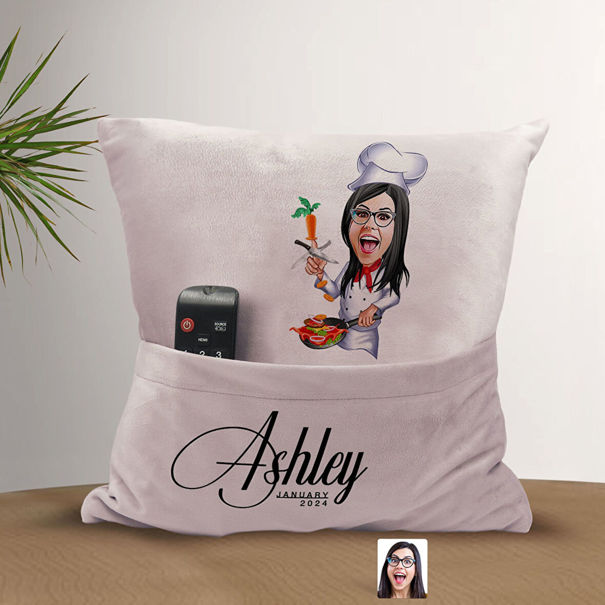 BK Gift Kişiye Özel Chef Karikatür Tasarımlı Organizer Kumanda ve Atıştırmalık Cepli Pembe Kırlent Y