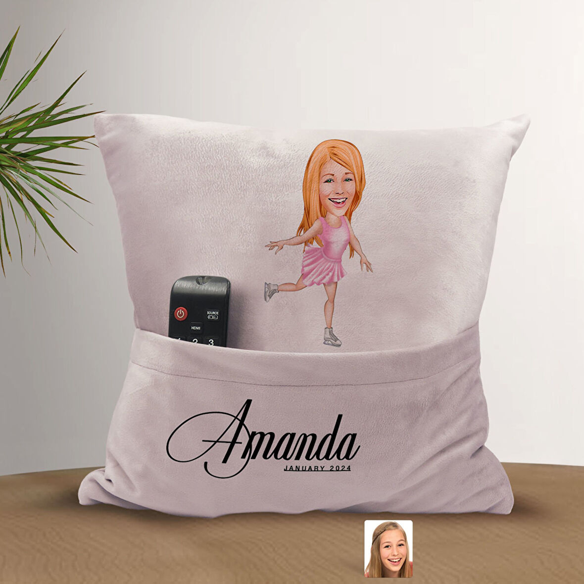 BK Gift Kişiye Özel Buz Pateni Karikatür Tasarımlı Organizer Kumanda ve Atıştırmalık Cepli Pembe Kır