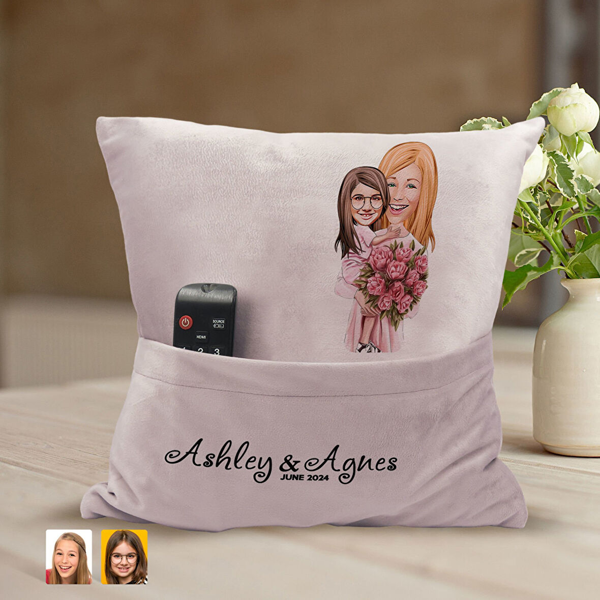 BK Gift Kişiye Özel Anne Kız Karikatür Tasarımlı Organizer Kumanda ve Atıştırmalık Cepli Pembe Kırle