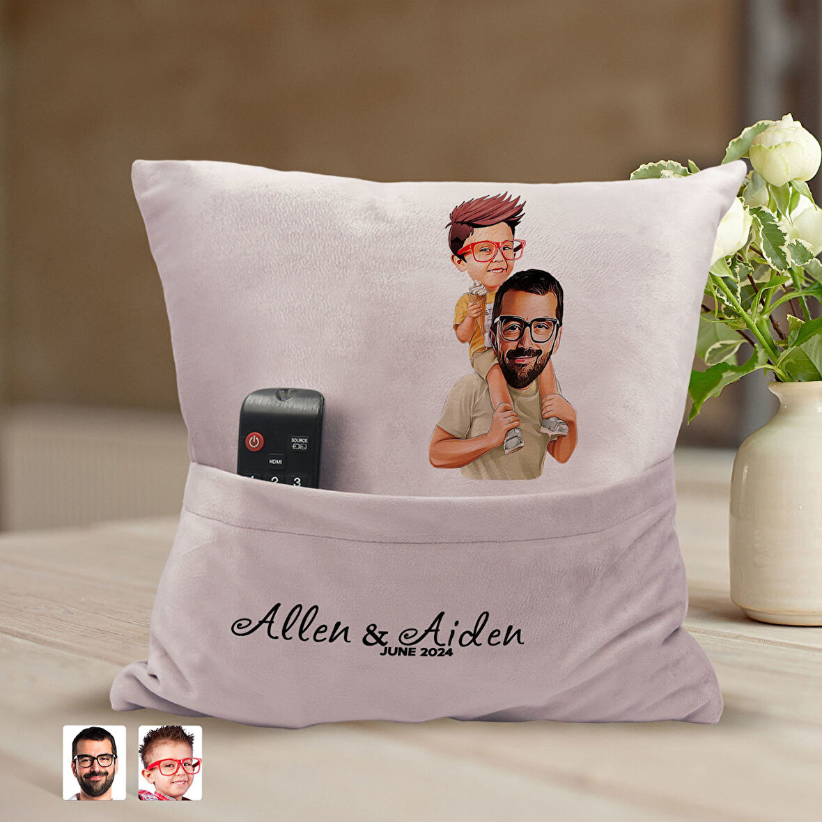 BK Gift Kişiye Özel Baba Oğul Karikatür Tasarımlı Organizer Kumanda ve Atıştırmalık Cepli Pembe Kırl