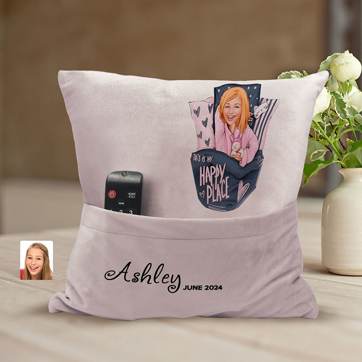 BK Gift Kişiye Özel Kadın Karikatür Tasarımlı Organizer Kumanda ve Atıştırmalık Cepli Pembe Kırlent 