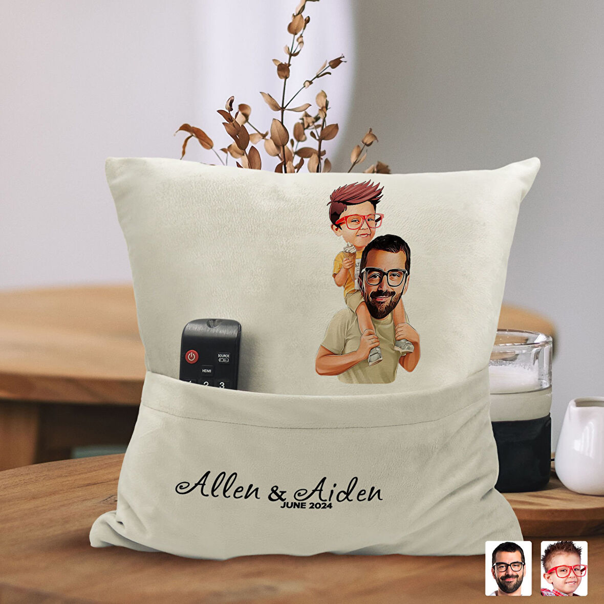 BK Gift Kişiye Özel Baba Oğul Karikatür Tasarımlı Organizer Kumanda ve Atıştırmalık Cepli Sarı Kırle