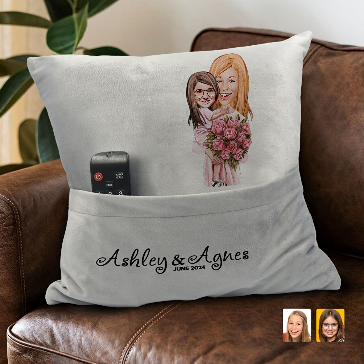 BK Gift Kişiye Özel Anne Kız Karikatür Tasarımlı Organizer Kumanda ve Atıştırmalık Cepli Gri Kırlent