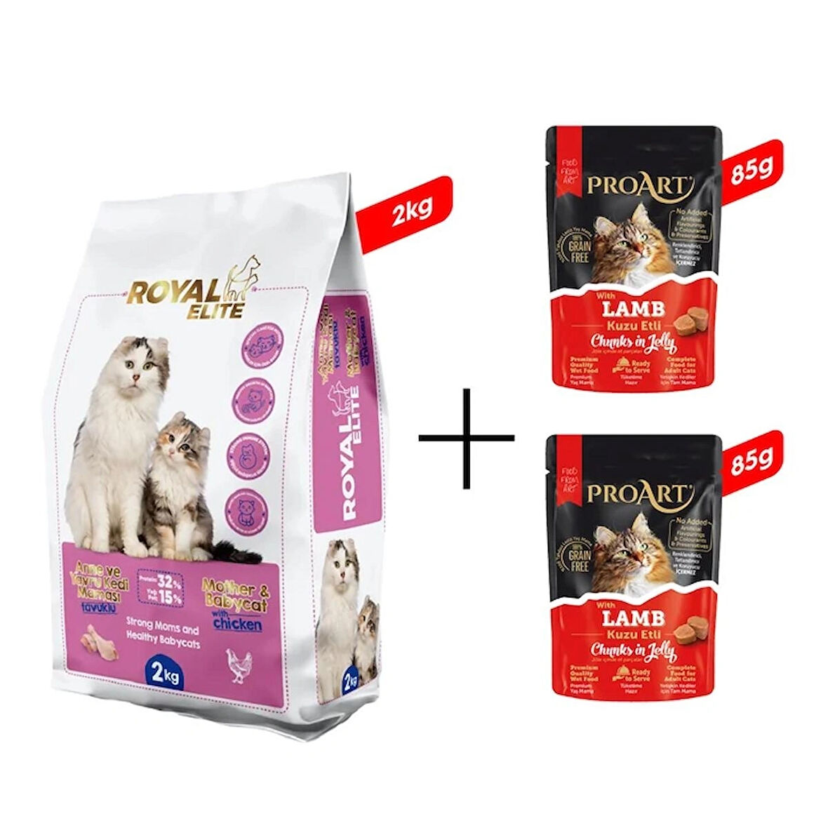 Royal Elite Tavuklu Anne ve Yavru Kedi Maması 2 Kg + Proart Jöleli Kuzu Etli Yetişkin Kedi Poşet Maması 85 Gr x 2 Adet 