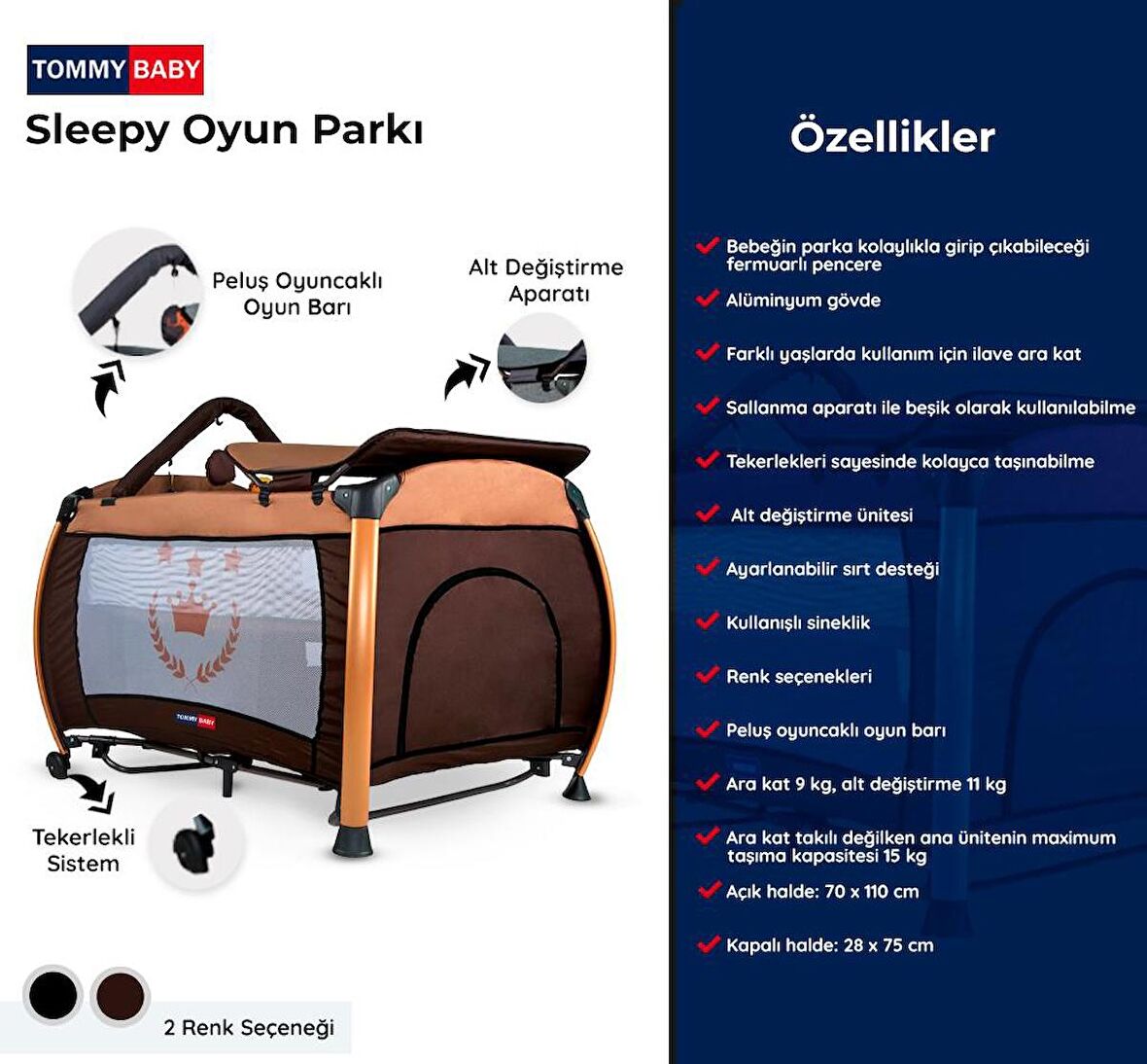 Tommybaby Sleepy Oyun Barlı Gold Kahverengi Park Beşik 