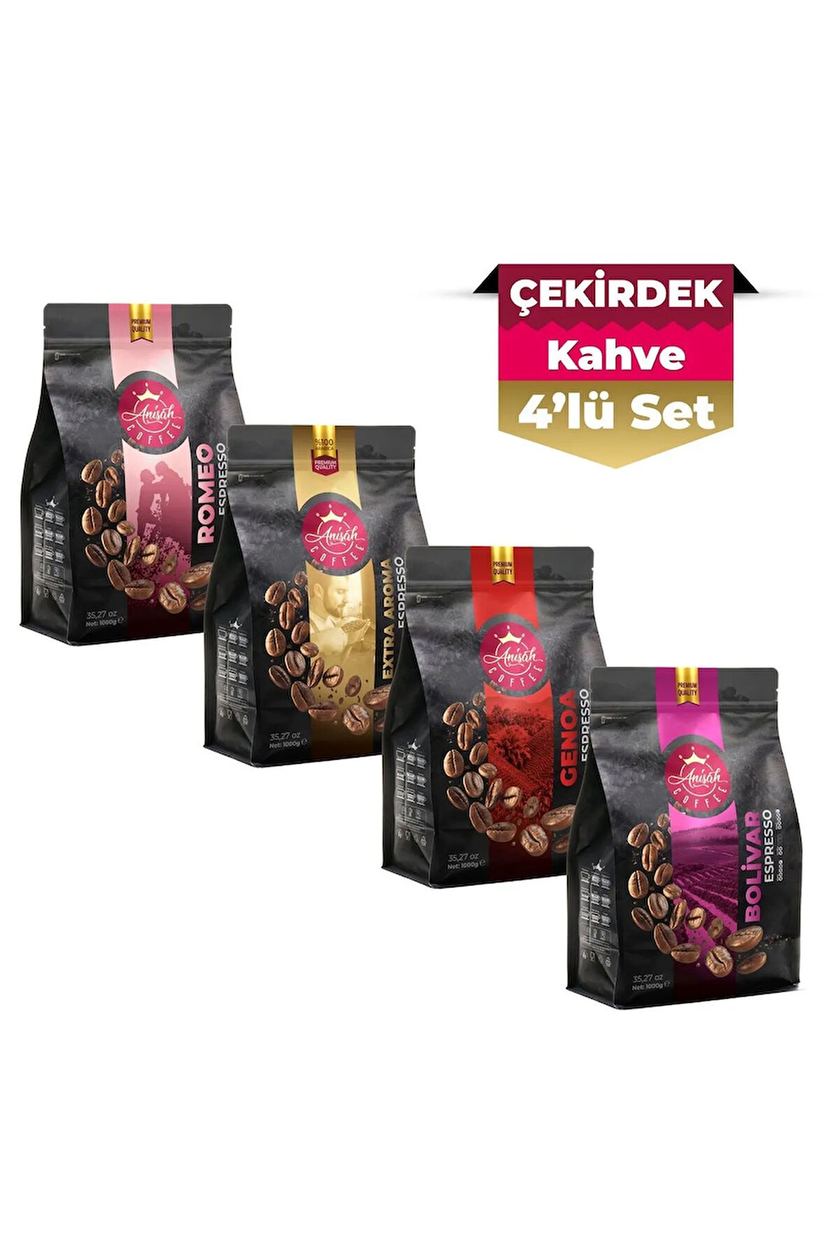 Espresso Çekirdek Kahve Premium Deneme Seti | 4 X 1000g | Bolivar, Romeo, Genoa, Extra Aroma