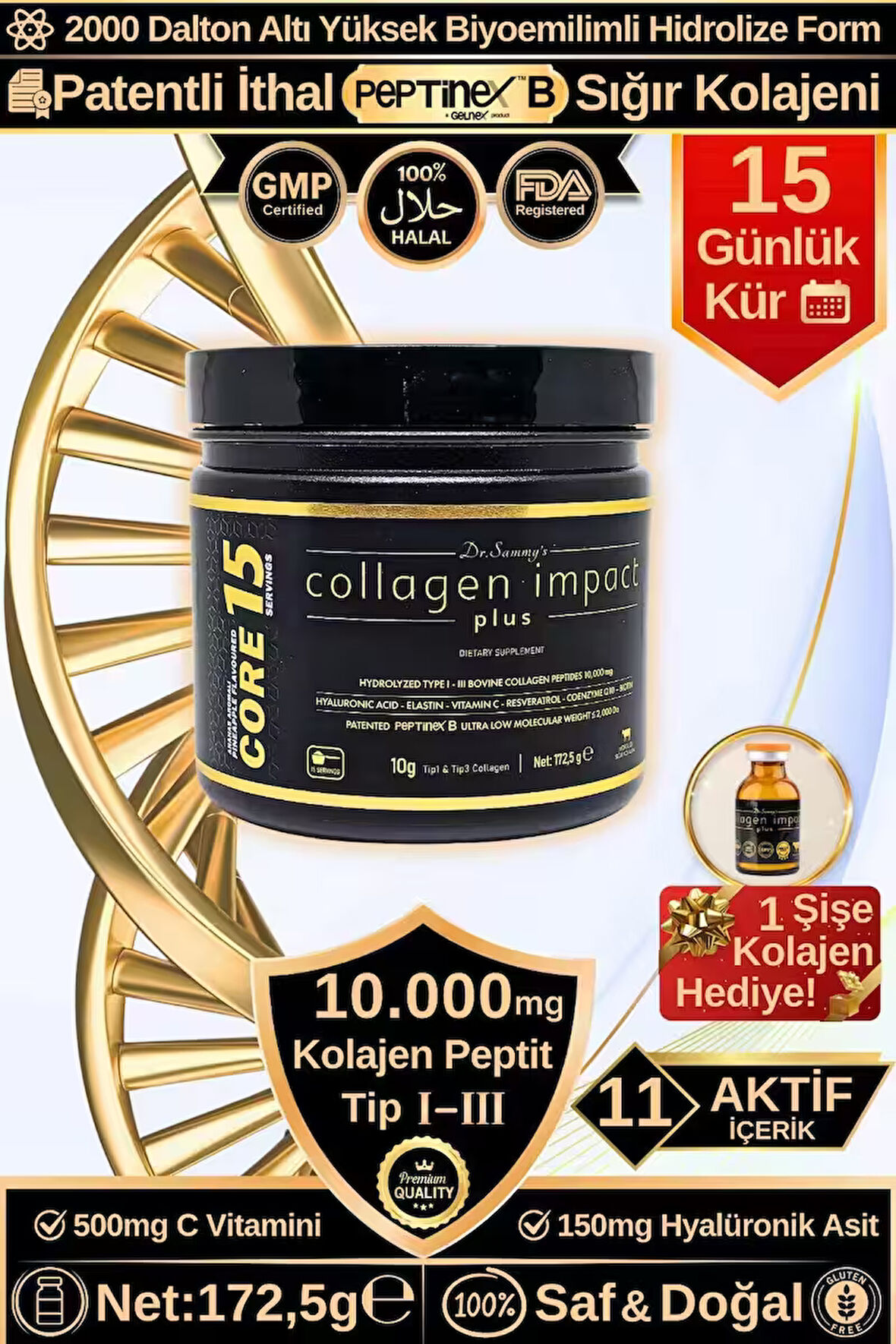 Dr. Sammy's Kolajen 10.000 Mg Tip 1-3 %100 Saf Patentli Hidrolize Sığır Kolajeni, 150MG Hyaluronik Asit, 500 Mg Vitamin C, 200 Mg Glutatyon, 25MG Resveratrol, 100 Mg Elastin, Core 15 Diyet Takviyesi