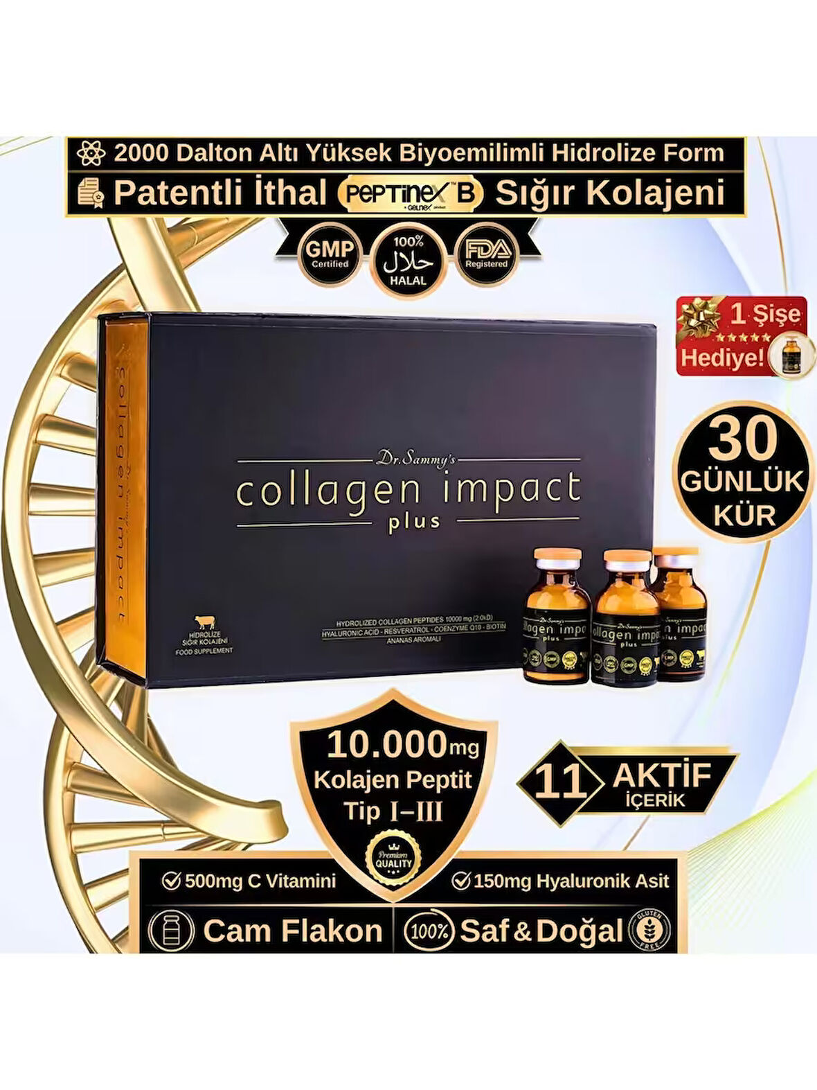 Dr. Sammy's Kolajen 10.000 mg Tip 1-3 %100 Saf Patentli Hidrolize Sığır Kolajeni, 150mg Hyaluronik Asit, 500 mg Vitamin C, 200 mg Glutatyon, 25mg Resveratrol, 100 mg Elastin, Collagen Diyet Takviyesi