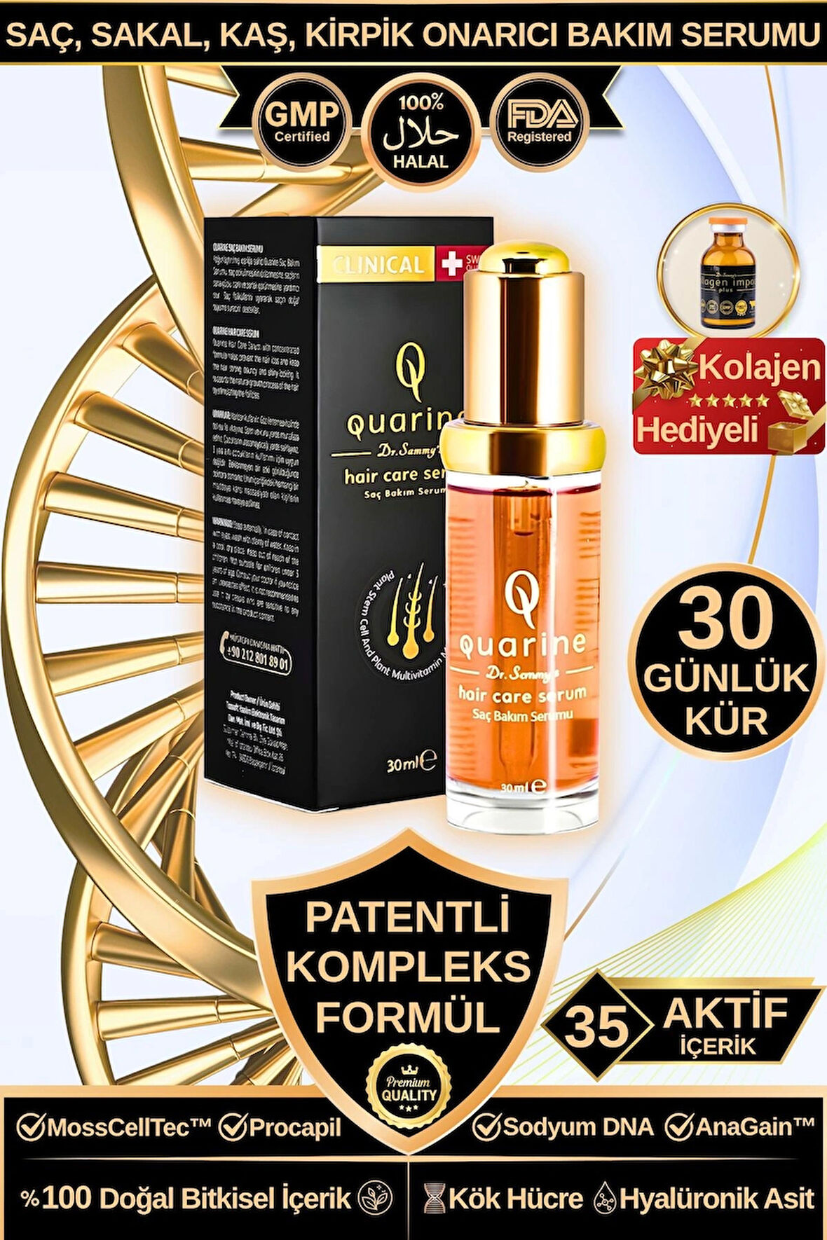 Dr. Sammy's Quarine Onarıcı Premium Saç Serumu (1 Aylık) Dökülmelere Karşı Bitkisel Kök Hücre Ekstratları, Vitamin ve Mineral Içeren %100 Saf ve Doğal Saç, Sakal, Kaş, Kirpik için Serum