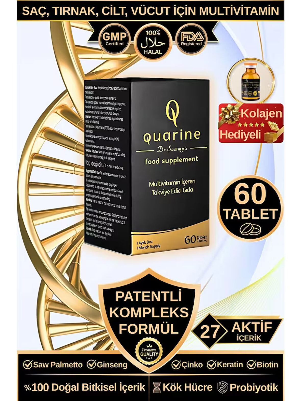 Dr. Sammy's Quarine Saç, Tırnak, Cilt ve Vücut Vitamini (60 Tablet) Dökülme ve Yıpranma Karşıtı Keratin, Biotin, Bitkisel Kök Hücre Extratları,Ginseng ve Multivitamin İçeren Diyet Takviyesi