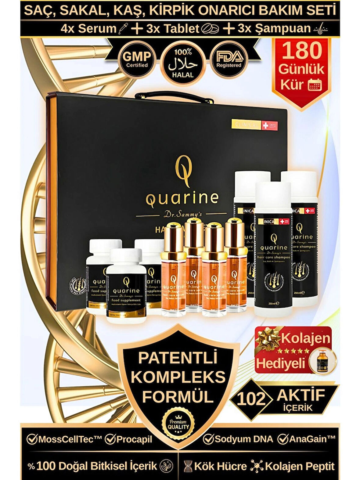 Dr. Sammy's Quarine 6 Aylık Premium Çanta Set (4 Serum+3 Tablet+3 Şampuan) Dökülmelere Karşı Bitkisel Kök Hücre Ekstratları, Vitamin ve Mineral İçeren Onarıcı Tırnak ve Saç Bakım Seti