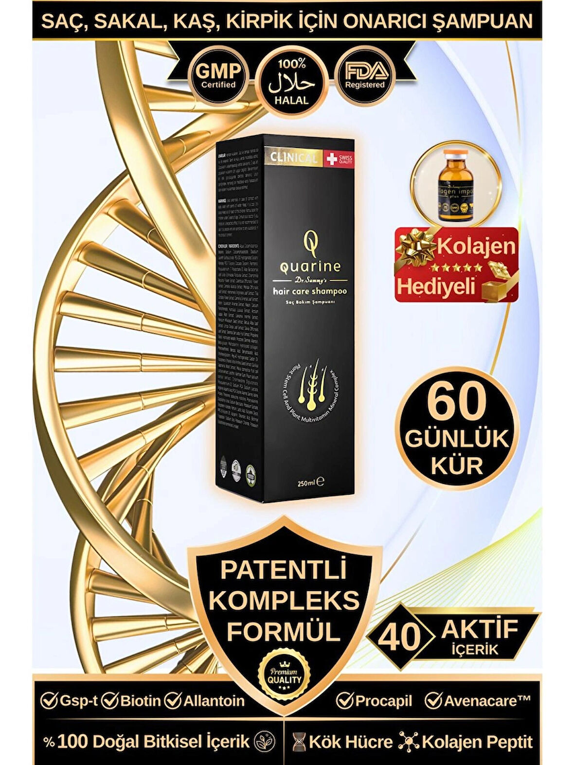 Dr. Sammy's Quarine Premium Şampuan (2 Aylık) Dökülmelere Karşı %100 Saf ve Doğal Bitkisel Kök Hücre Ekstratları,Vitamin ve Mineral İçeren Onarıcı Saç Şampuanı 250ML