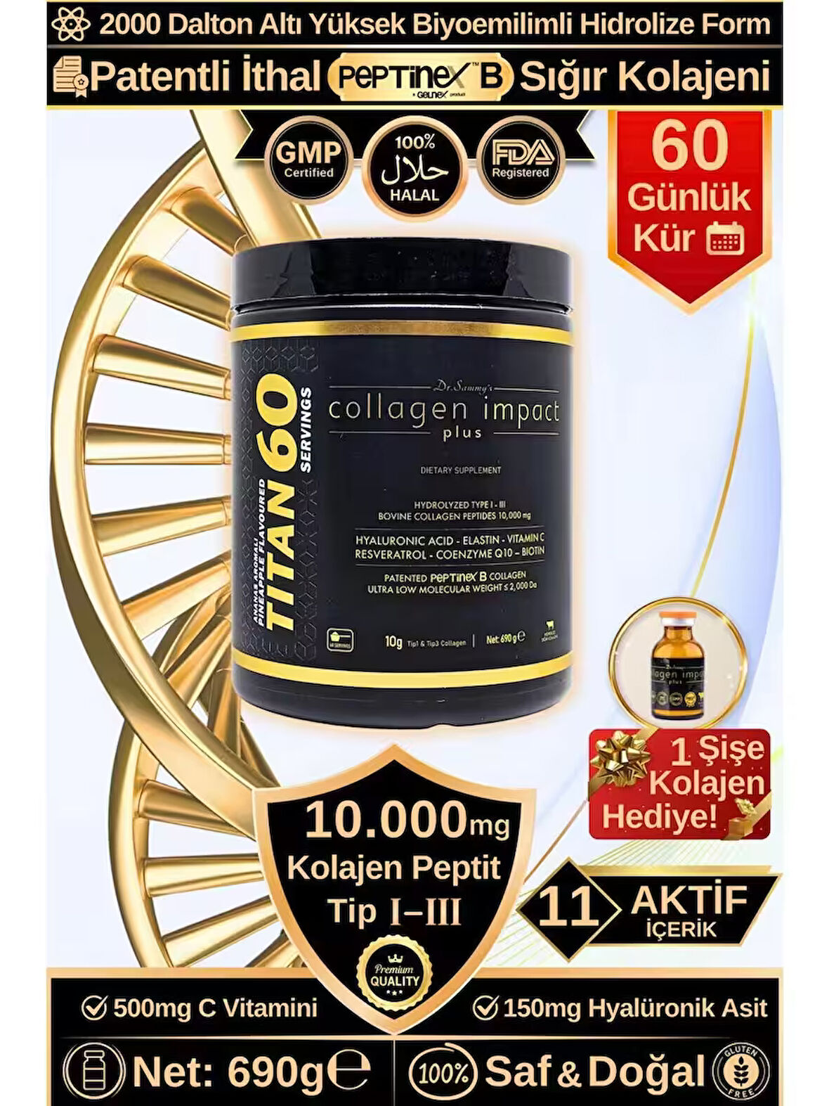 Dr. Sammy's Kolajen 10.000 Mg Tip 1-3 %100 Saf Patentli Hidrolize Sığır Kolajeni, 150MG Hyaluronik Asit, 500 Mg Vitamin C, 200 Mg Glutatyon, 25MG Resveratrol, 100 Mg Elastin, Titan 60 Diyet Takviyesi