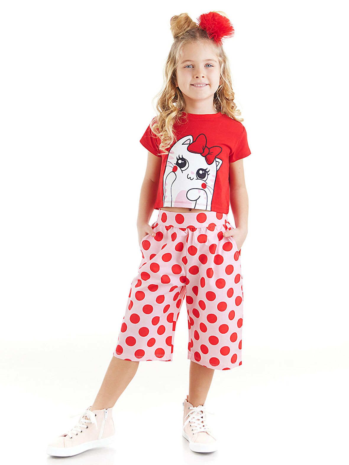 Ponçik Kız Çocuk Crop Top Kırmızı T-shirt Dokuma Kapri Yazlık Takım