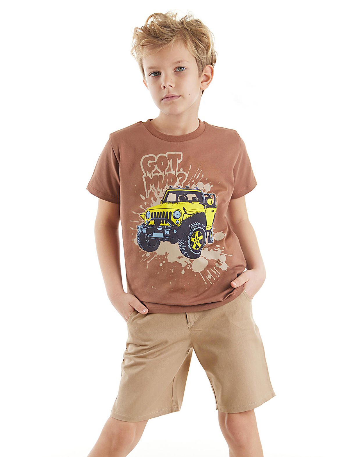 Jeep Erkek Çocuk Kahverengi T-shirt Gabardin Bej Şort Yazlık Takım