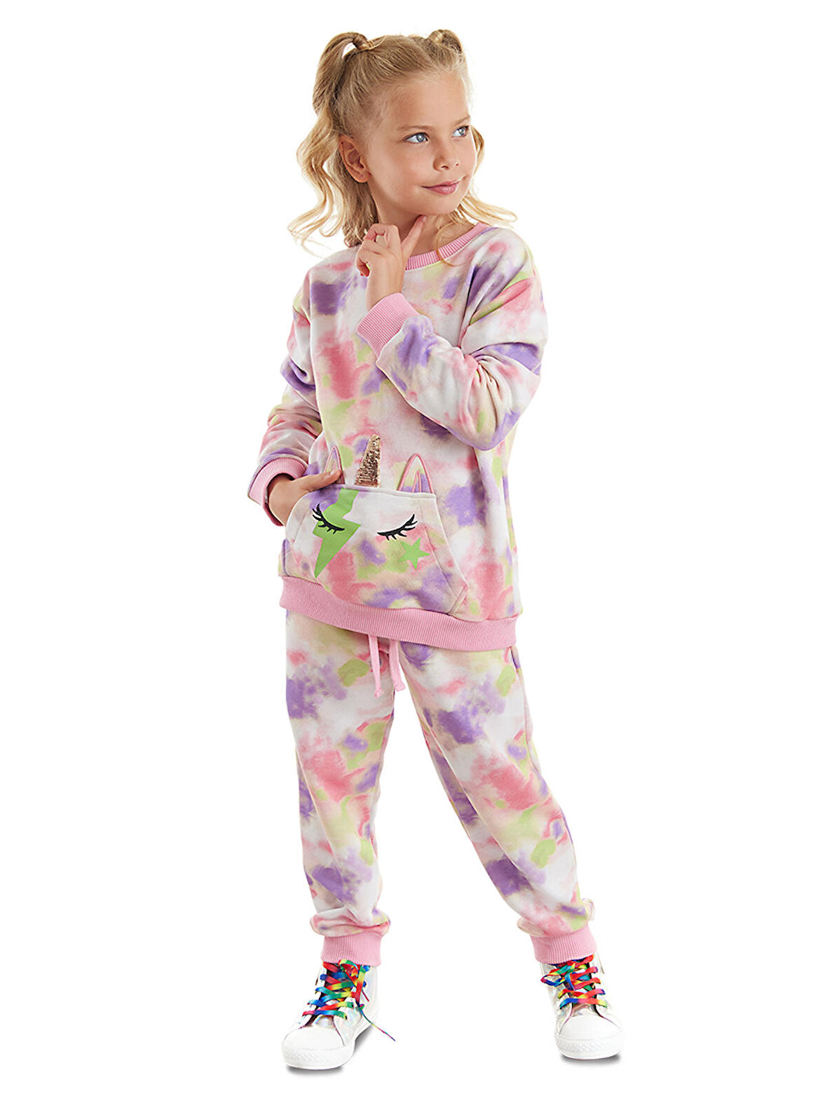 Unicorn Batik Desenli Pembe Yeşil Kız Çocuk Eşofman Takım