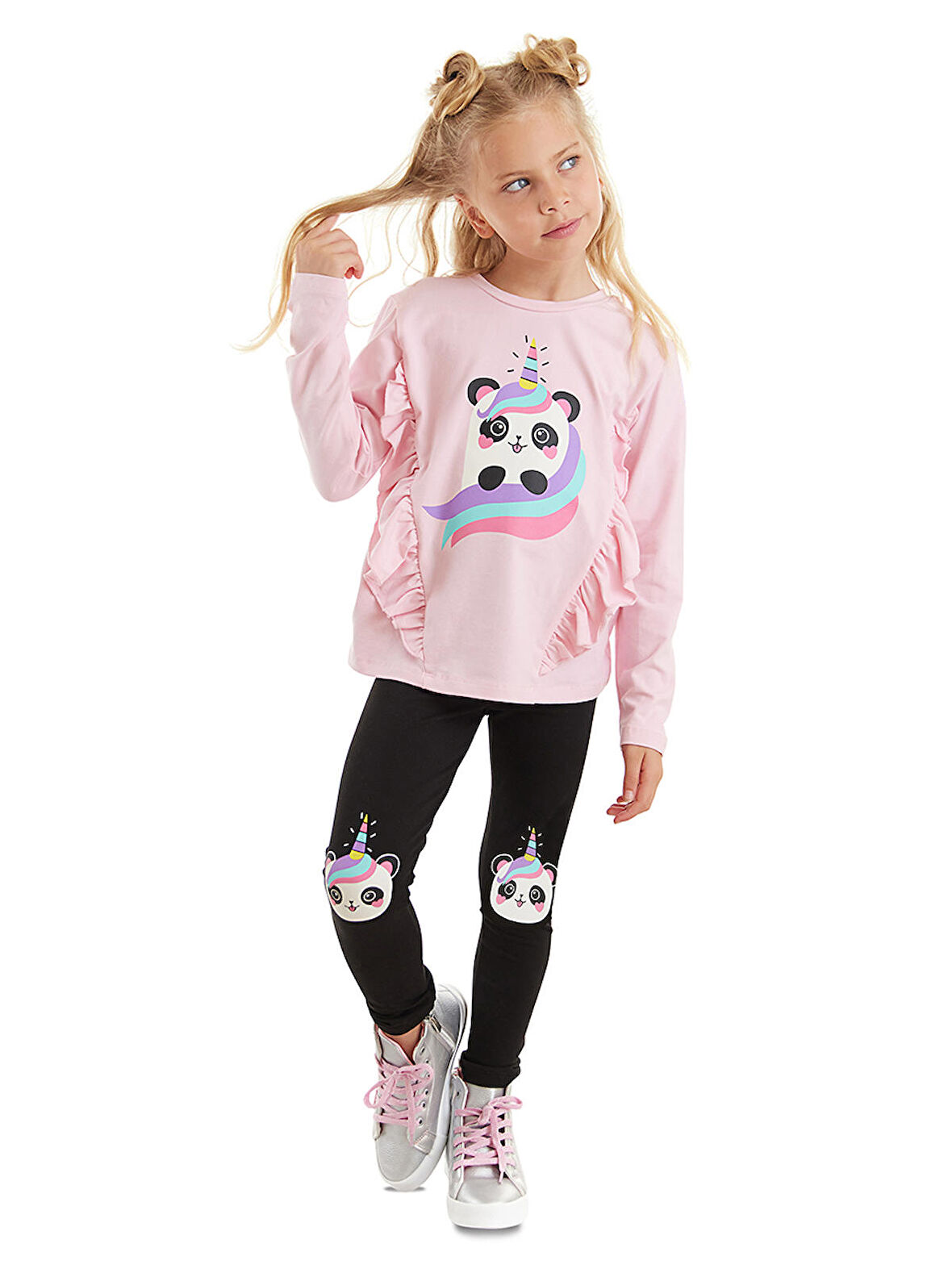 Panda Unicorn Kız Çocuk Pembe T-shirt Siyah Tayt Takım