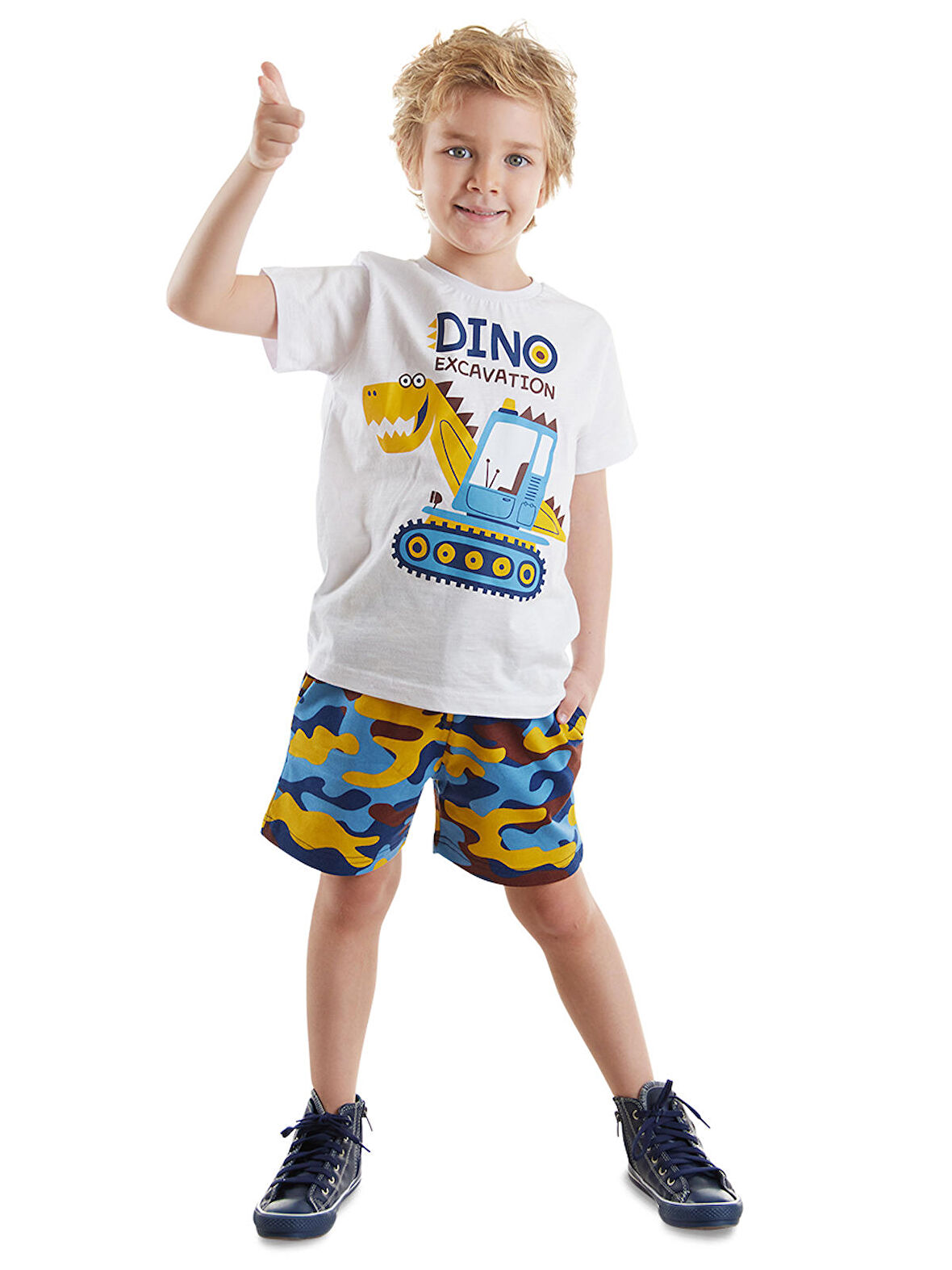 Dino Kazı Erkek Çocuk T-shirt Kamuflaj Şort Takım