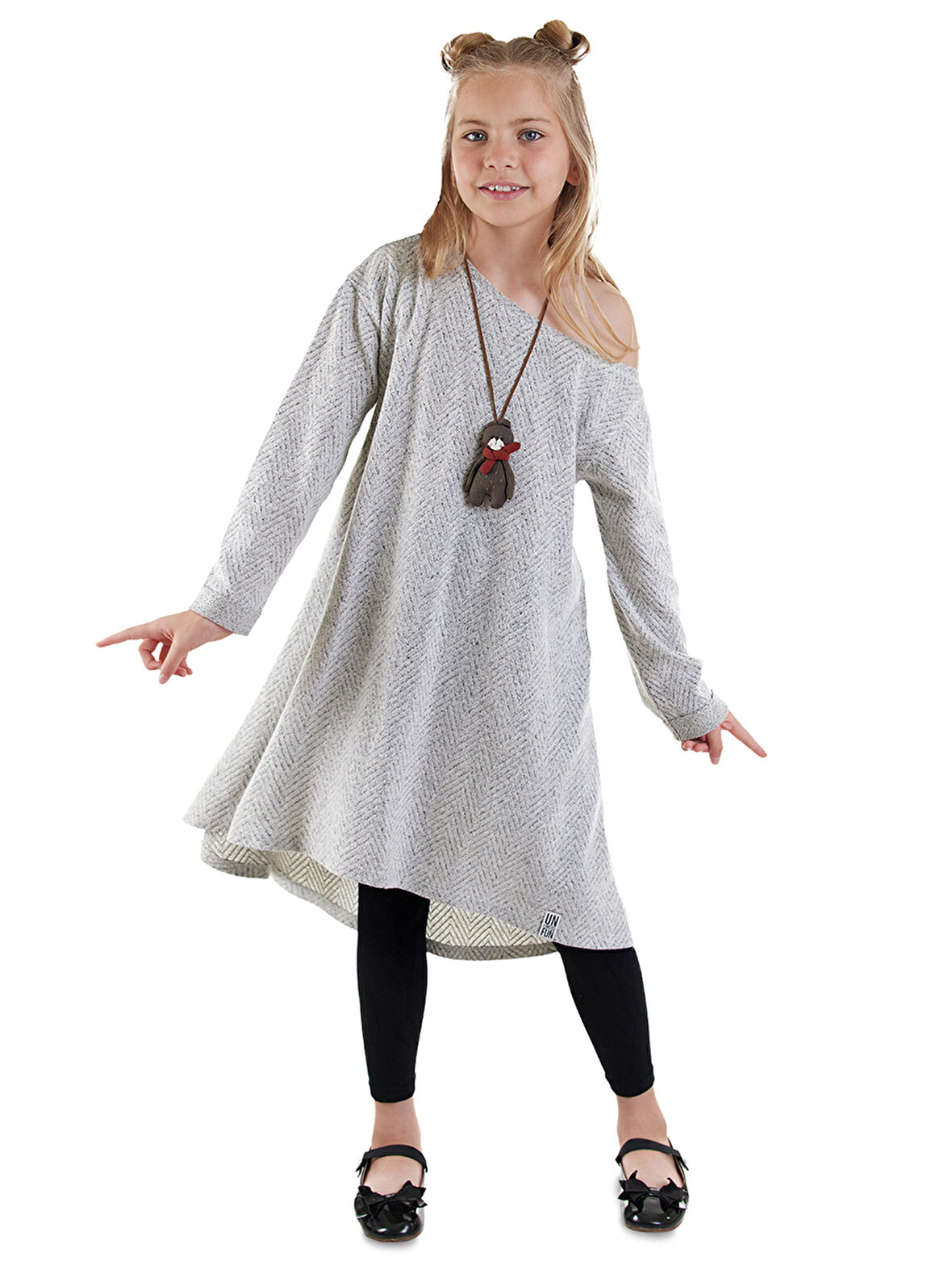 Gri Kız Çocuk Asimetrik Örme Elbise