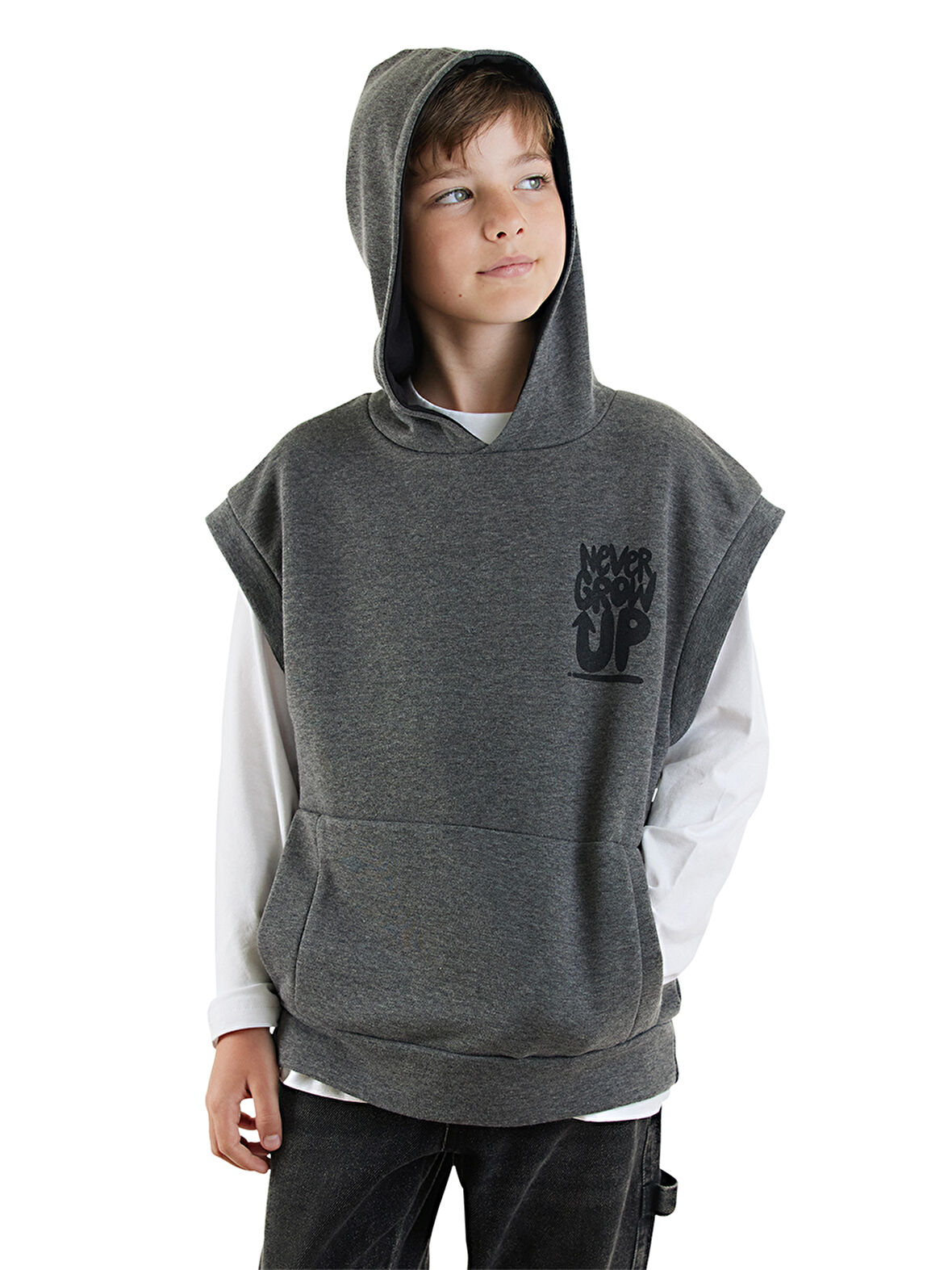 Erkek Çocuk Kapüşonlu Kolsuz Gri Sweatshirt