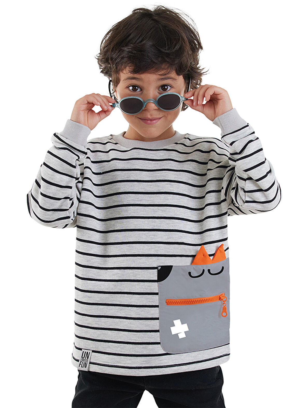Cool Oversize Çizgili Gri Erkek Çocuk Sweatshirt