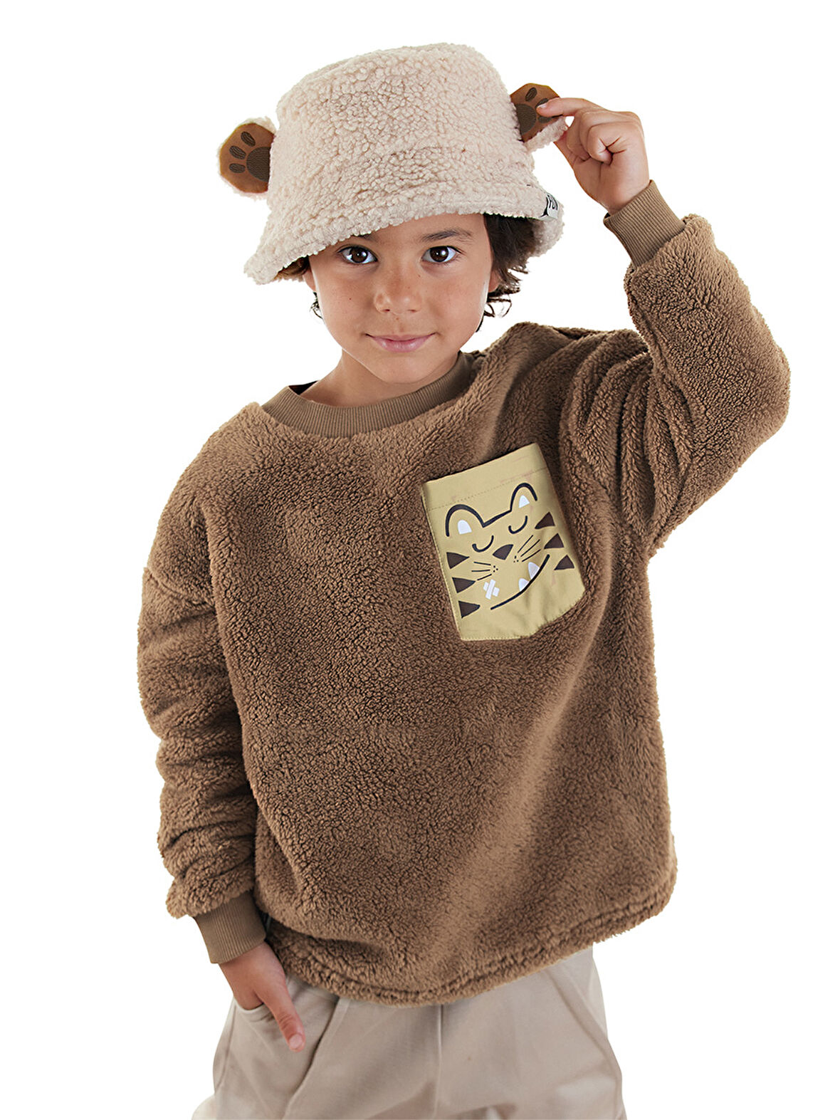 Kaplan Oversize Erkek Çocuk Kahverengi Peluş Sweatshirt