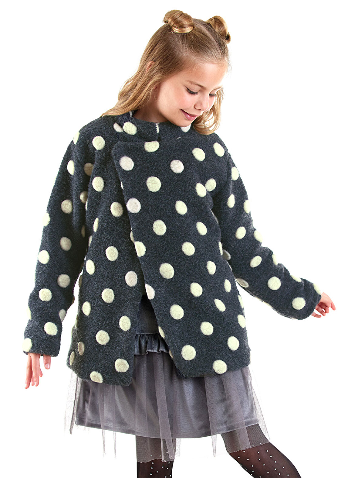 Beyaz Puantiye Kız Çocuk Füme Mont Palto