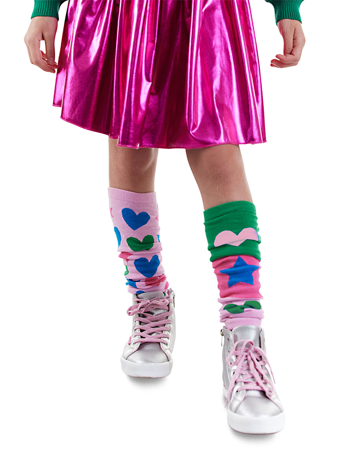 Yıldız Kalp Kız Çocuk Yeşil Pembe Tozluk