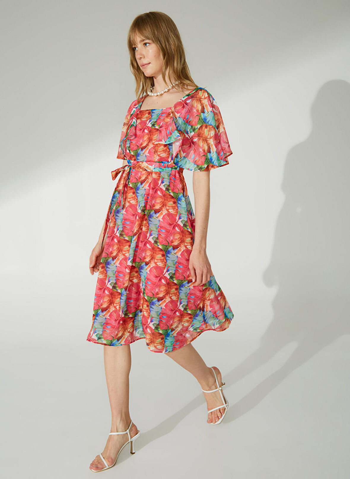 Selen Bisiklet Yaka Emprime Pembe Standart Kadın Elbise 23YSL7268