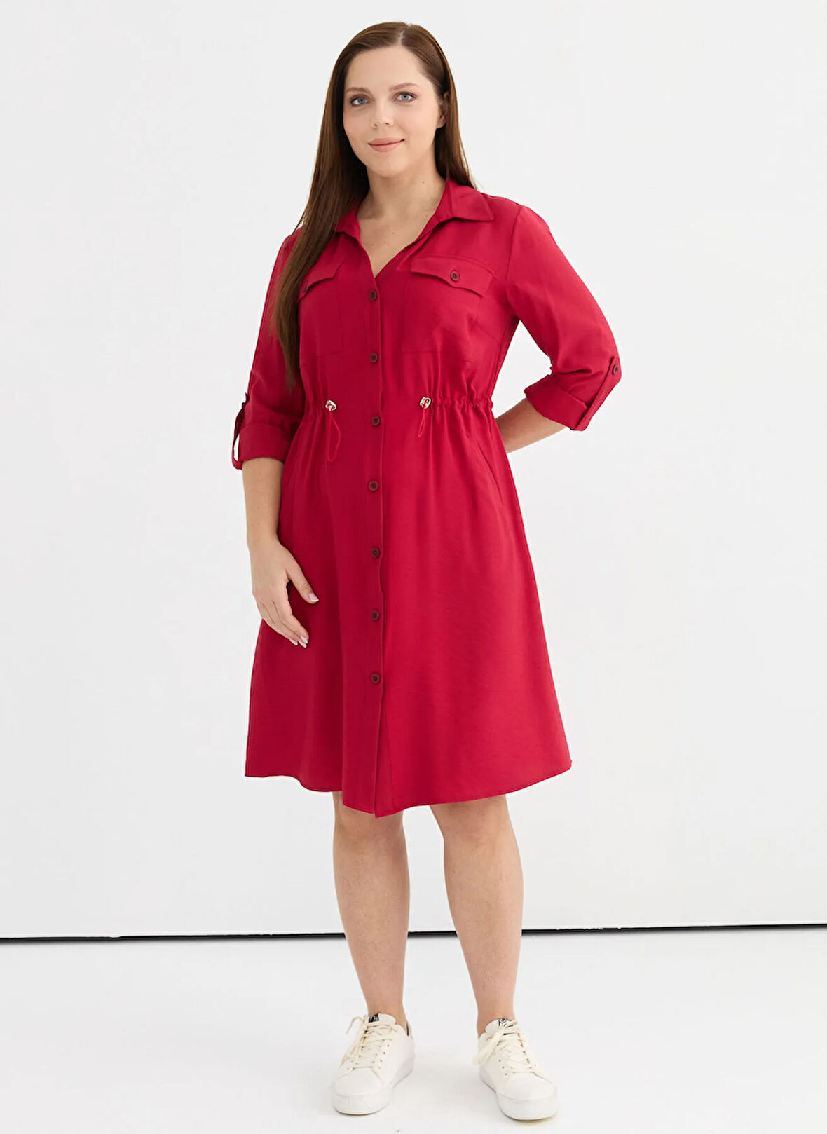 Selen Gömlek Yaka Düz Bordo Standart Kadın Elbise 25YSL7570-BB