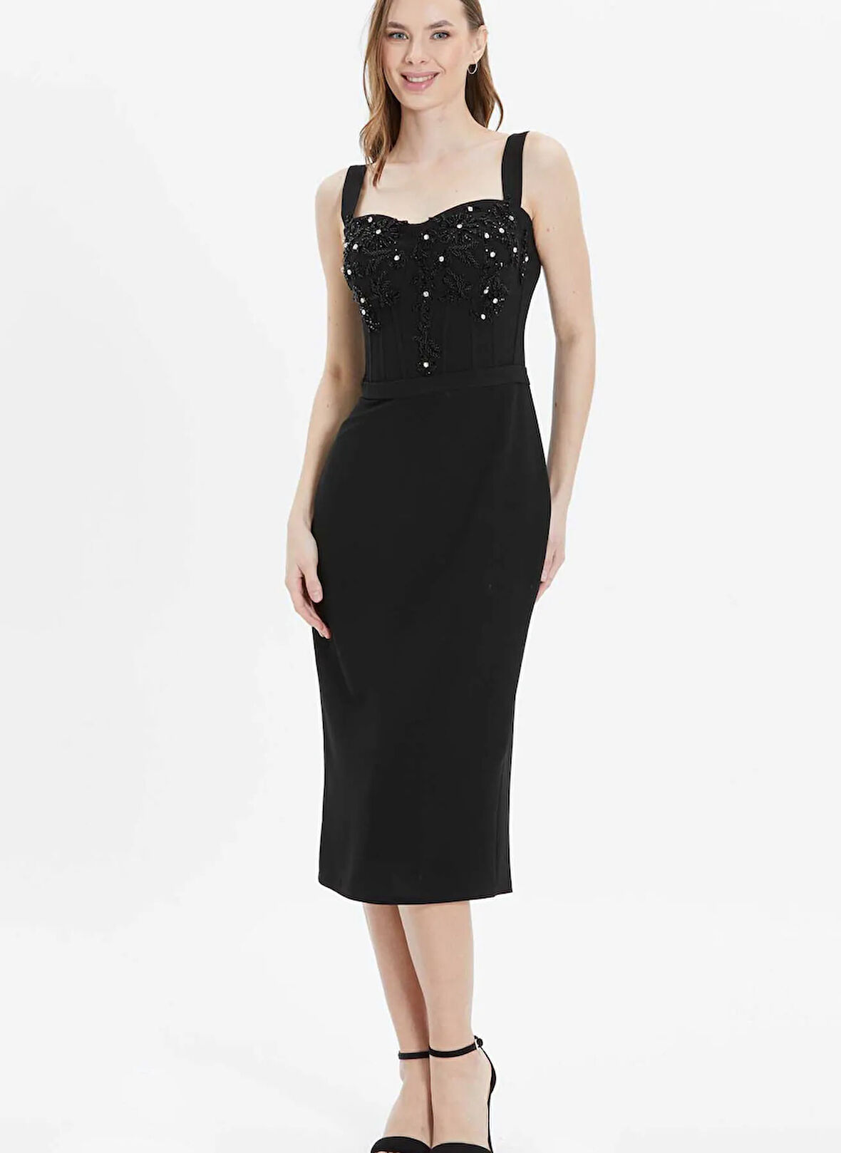 Selen V Yaka Taşlı Siyah Standart Kadın Elbise 25YSL7582