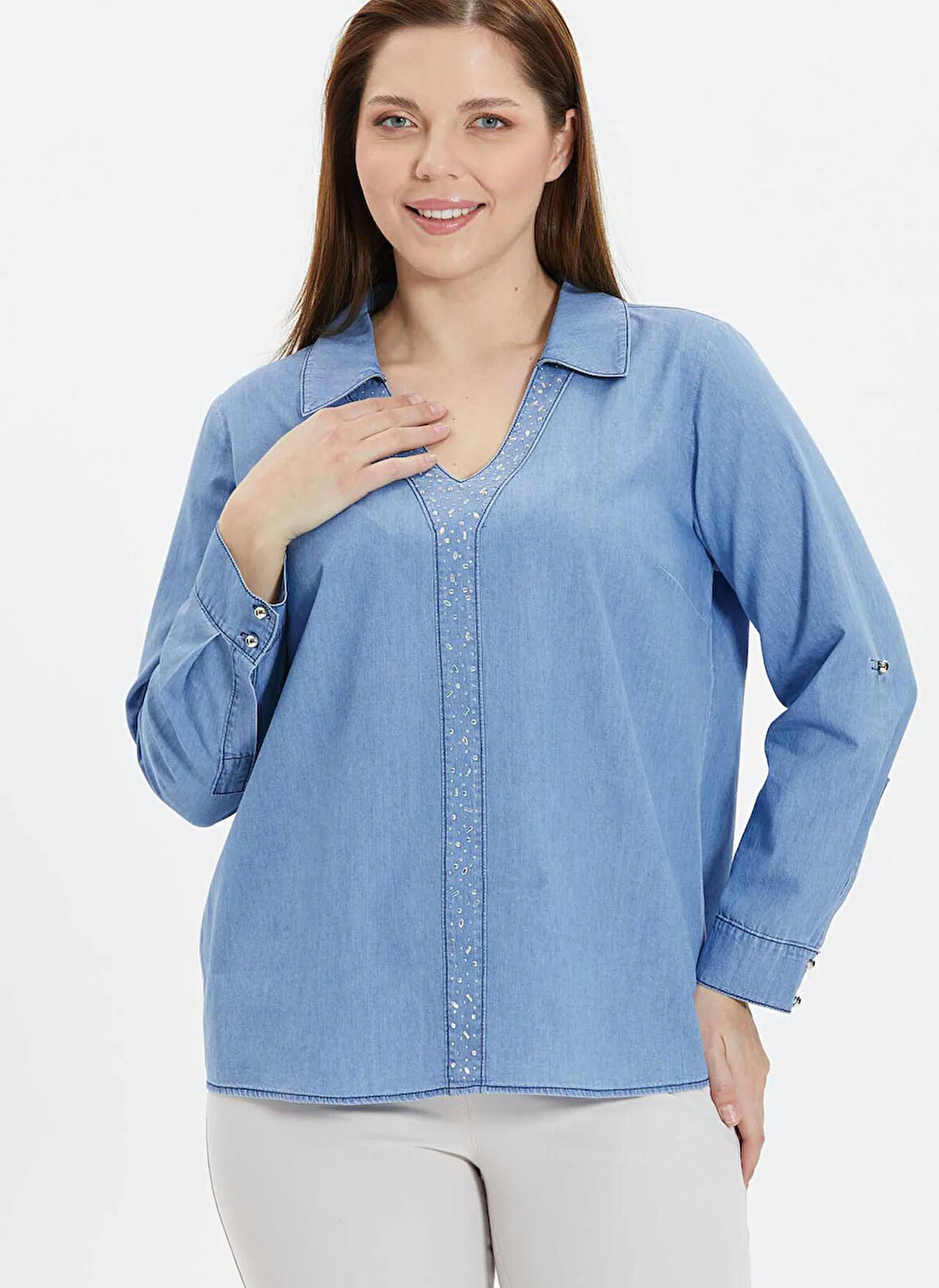 Selen Gömlek Yaka Taşlı Mavi Kadın Bluz 25YSL8062-BB
