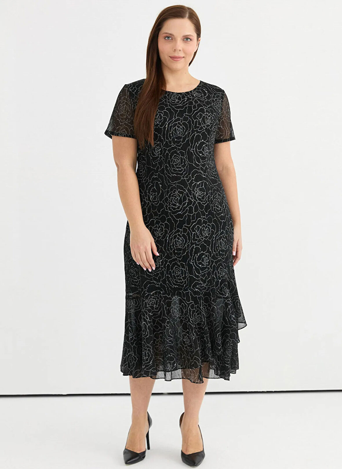 Selen O Yaka Desenli Siyah Standart Kadın Elbise 25YSL7593-BB