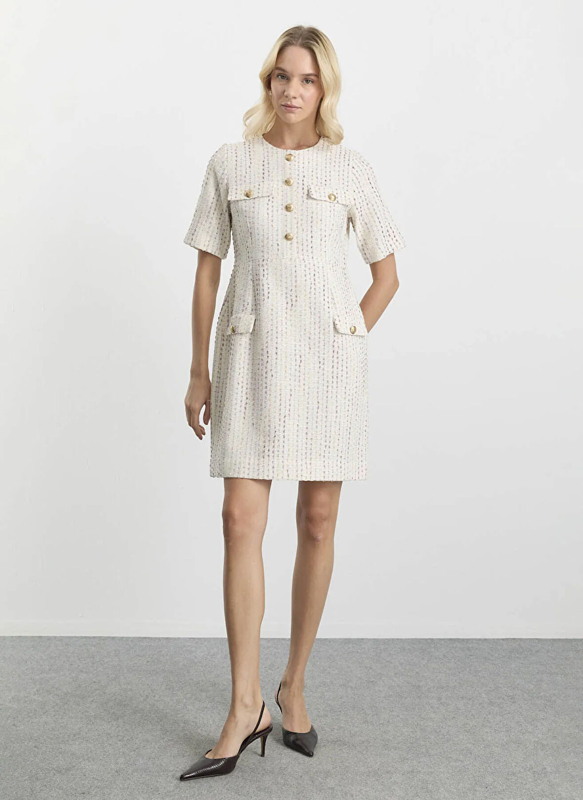 Selen O Yaka Simli Ekru Standart Kadın Elbise 25KSL7700