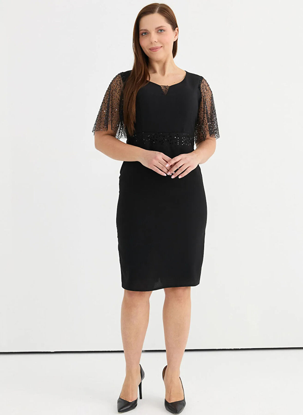 Selen V Yaka Simli Siyah Standart Kadın Elbise 25YSL7645-BB