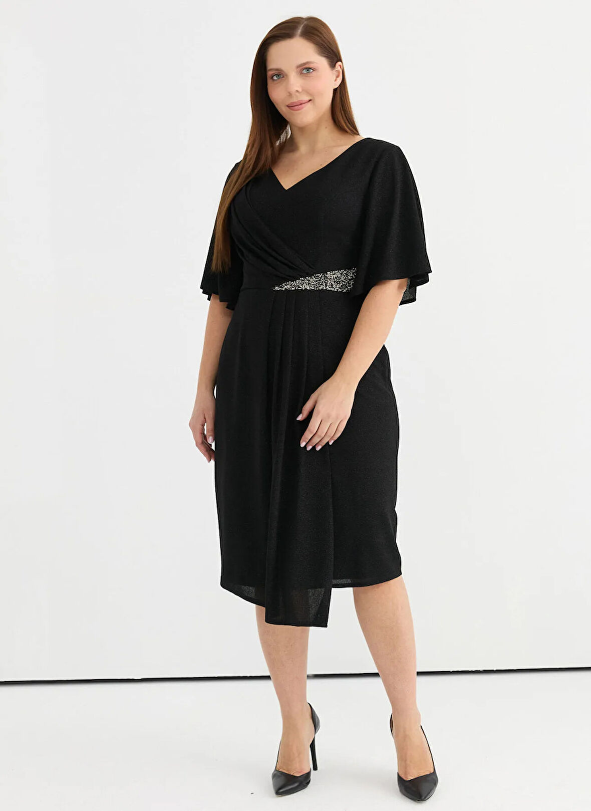Selen V Yaka Taşlı Siyah Standart Kadın Elbise 25YSL7651-BB