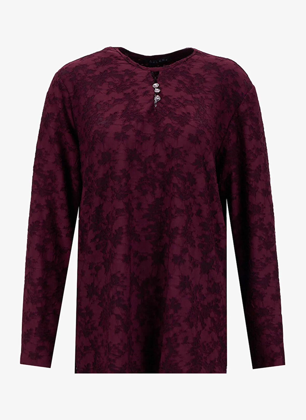 Selen Bisiklet Yaka Desenli Bordo Kadın Bluz 25KSL8209