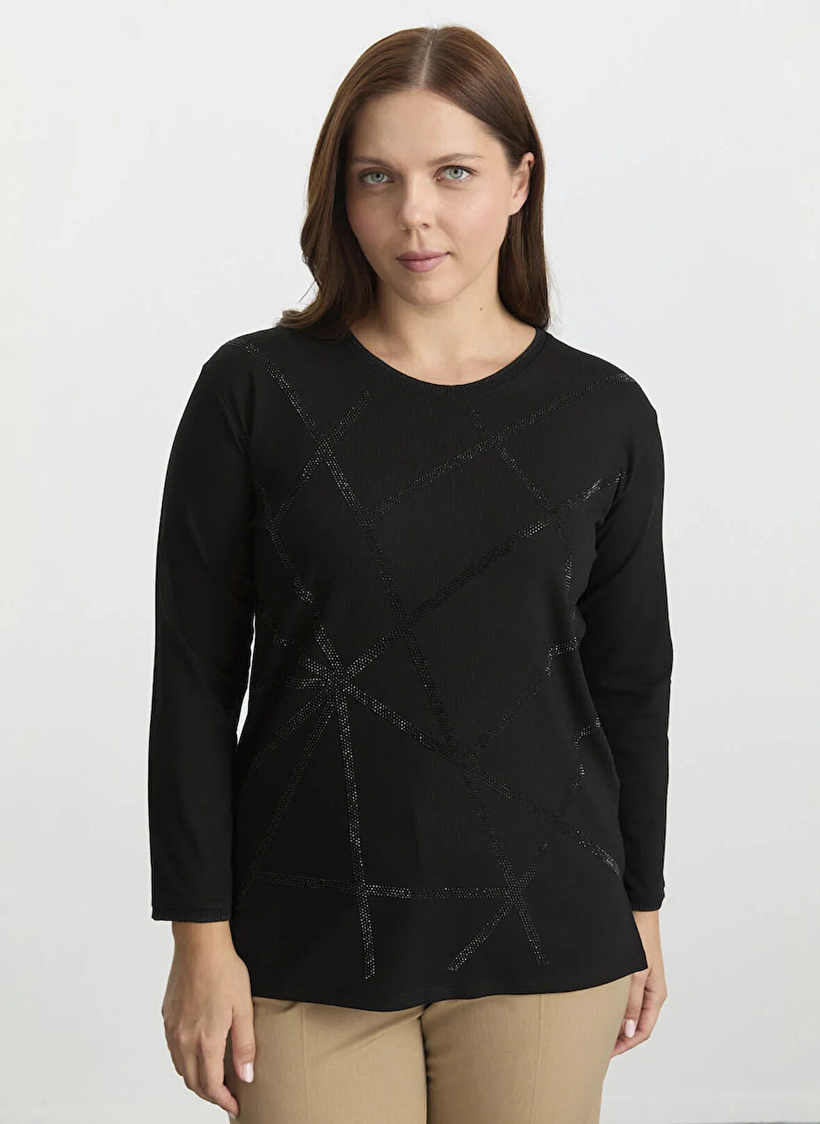 Selen Bisiklet Yaka Taşlı Siyah Kadın Bluz 25KSL8211