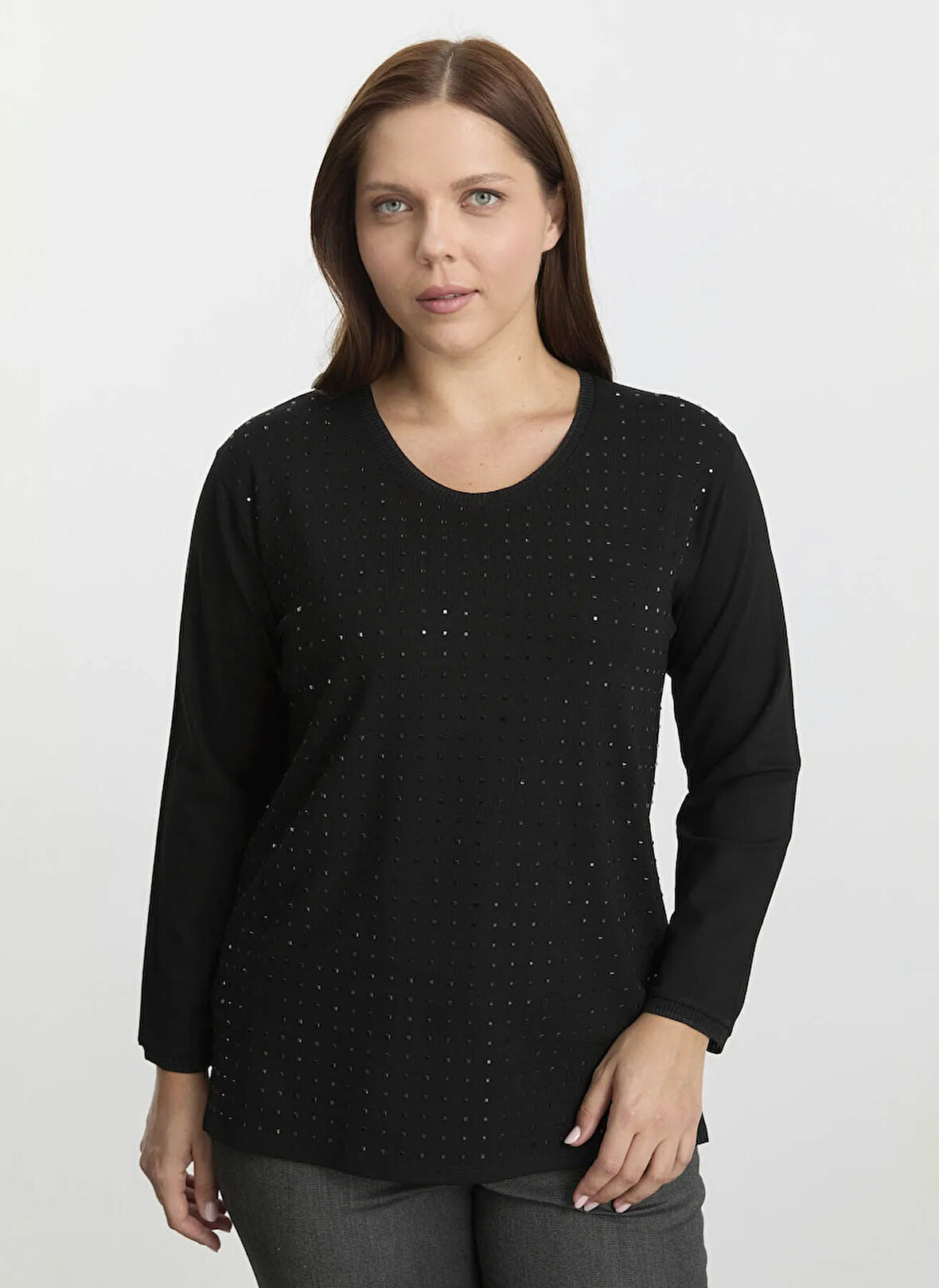 Selen Bisiklet Yaka Taşlı Siyah Kadın Bluz 25KSL8212