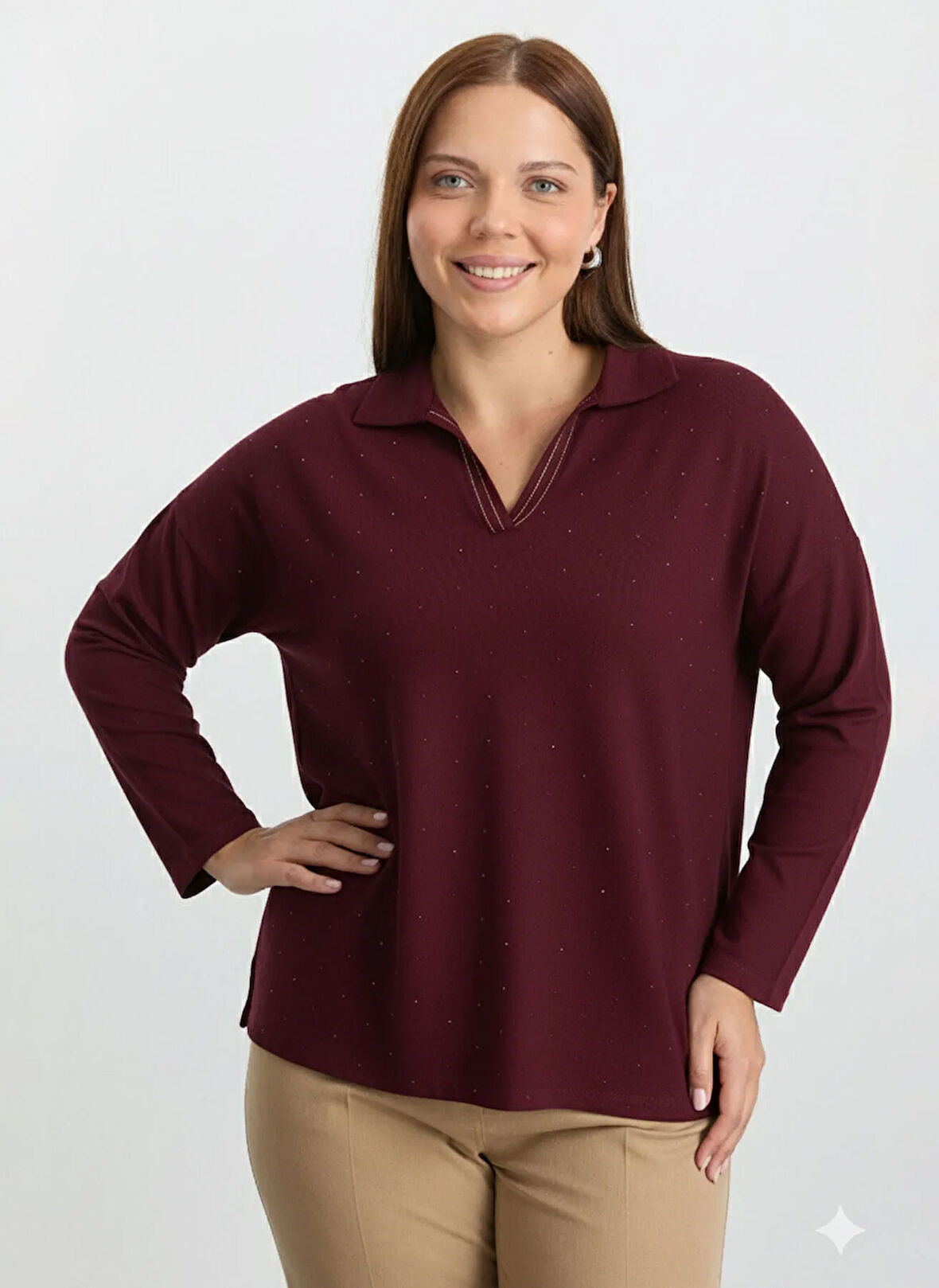 Selen Polo Yaka Taşlı Bordo Kadın Bluz 25KSL8213