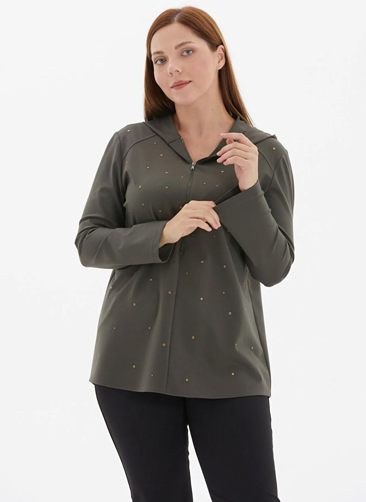 Selen Kapüşon Yaka Troklu Haki Kadın Bluz 25KSL8249