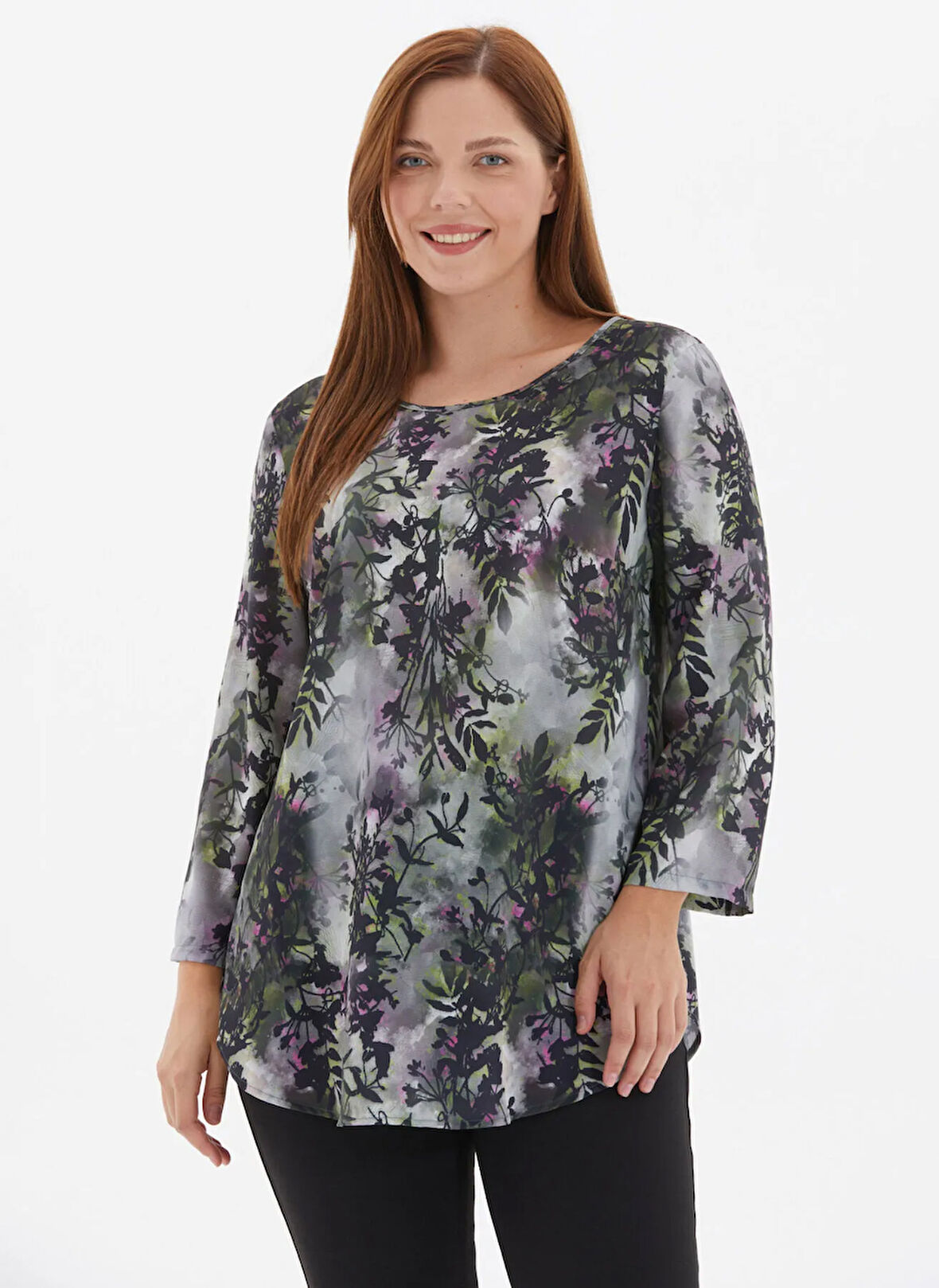 Selen Yuvarlak Yaka Emprime Yeşil Kadın Bluz 25KSL8260